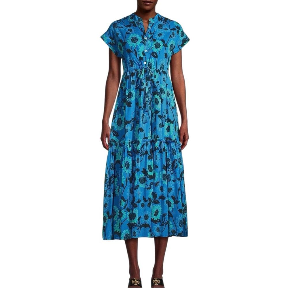 Ro’s Garden Mumi Cap Sleeve Blue Floral Tier Midi Dress MEDIUM in Blue Ortensia